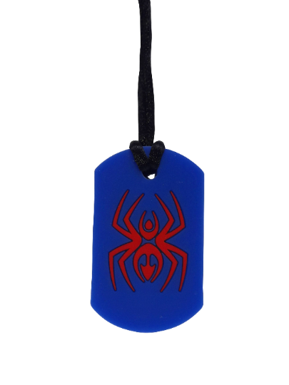 Sensory Chew Necklace Chewelry Dog Tag Style Autism ADHD ASD Biting Child Baby Teething Chewy Toy Children Red Spider on Blue Single Pack
