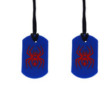 Sensory Chew Necklace Chewelry Dog Tag Style Autism ADHD ASD Biting Child Baby Teething Chewy Toy Children Red Spider on Blue 2 Pack